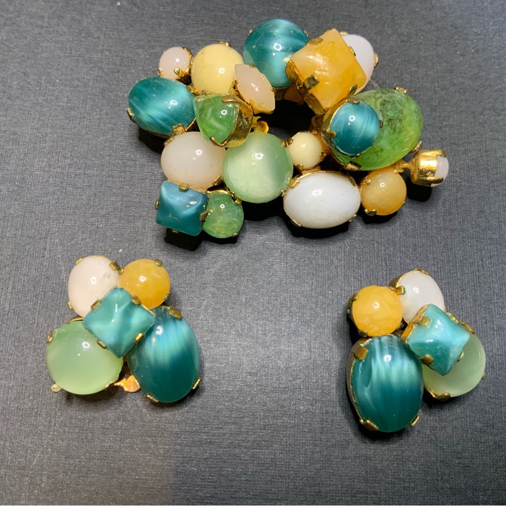Vintage Coro Austrian glass earring and brooch set